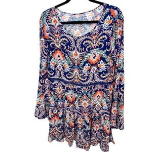 Rock 47 By Wrangler Blue Floral Tiered Bell Sleeve Ruffle hem Dress Size Medium